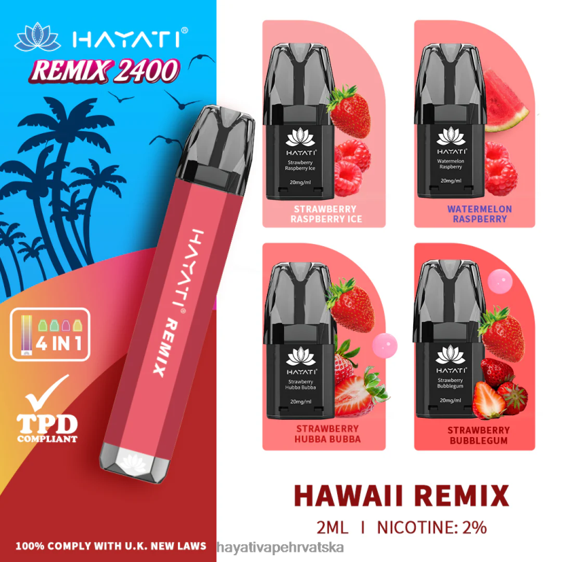 Hayati Vape Flavours - Hayati Remix sustav prethodno napunjenih kapsula 2400 udisaja 0D4PD54 havajski remix