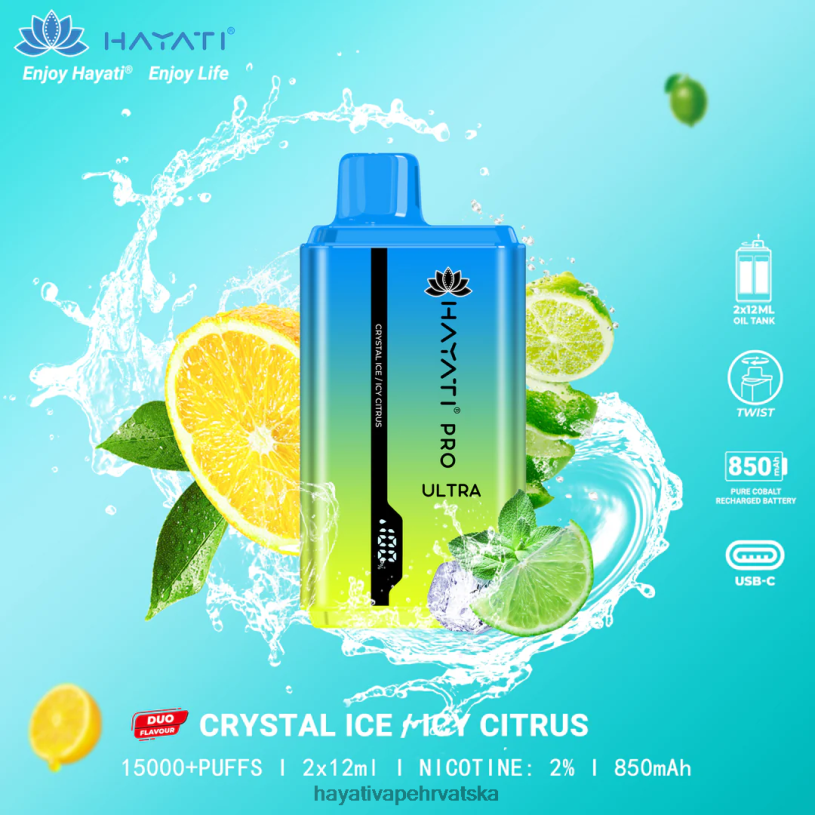 Hayati Flavour List - Hayati Pro Ultra jednokratno 15000 udisaja 0D4PD218 kristalni led/ledeni citrus