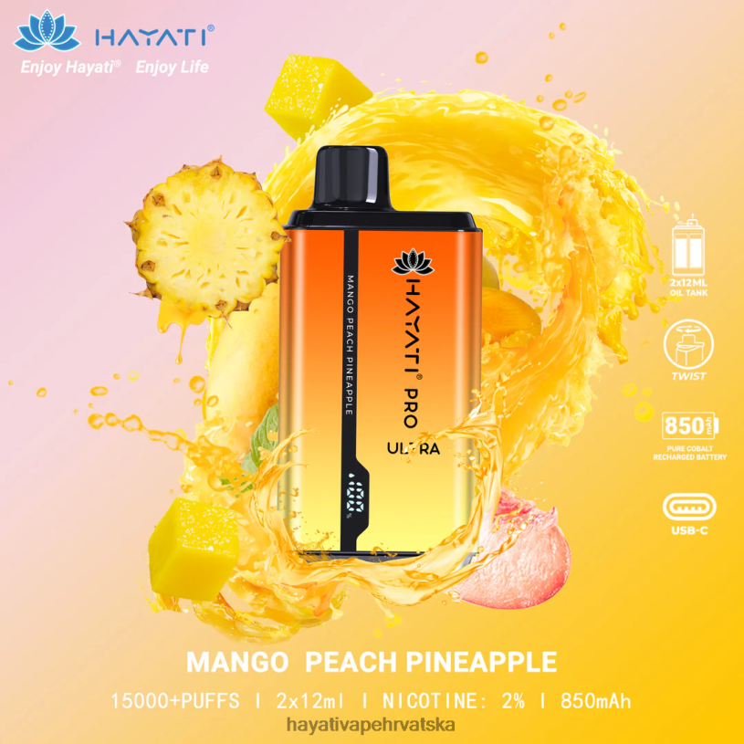 Hayati Vape Flavours - Hayati Pro Ultra jednokratno 15000 udisaja 0D4PD204 mango breskva ananas