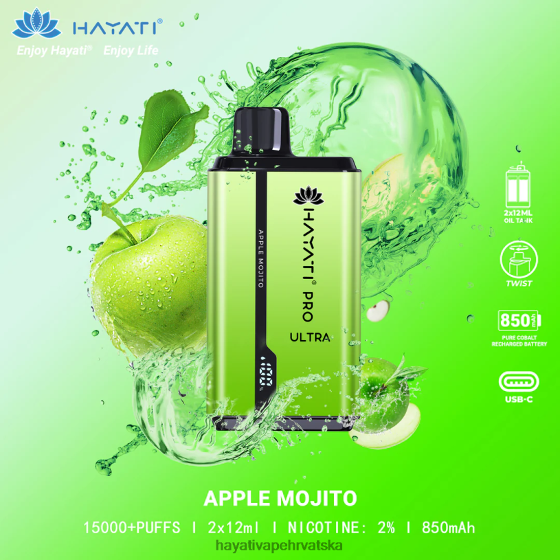 Hayati Vapes Wholesale - Hayati Pro Ultra jednokratno 15000 udisaja 0D4PD200 mojito od jabuka
