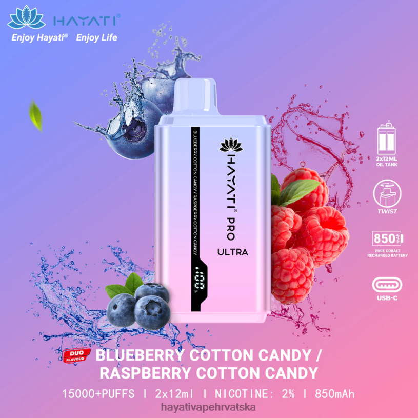 Hayati Vapes Wholesale - Hayati Pro Ultra jednokratno 15000 udisaja 0D4PD220 borovnica šećerna vata/malina šećerna vata